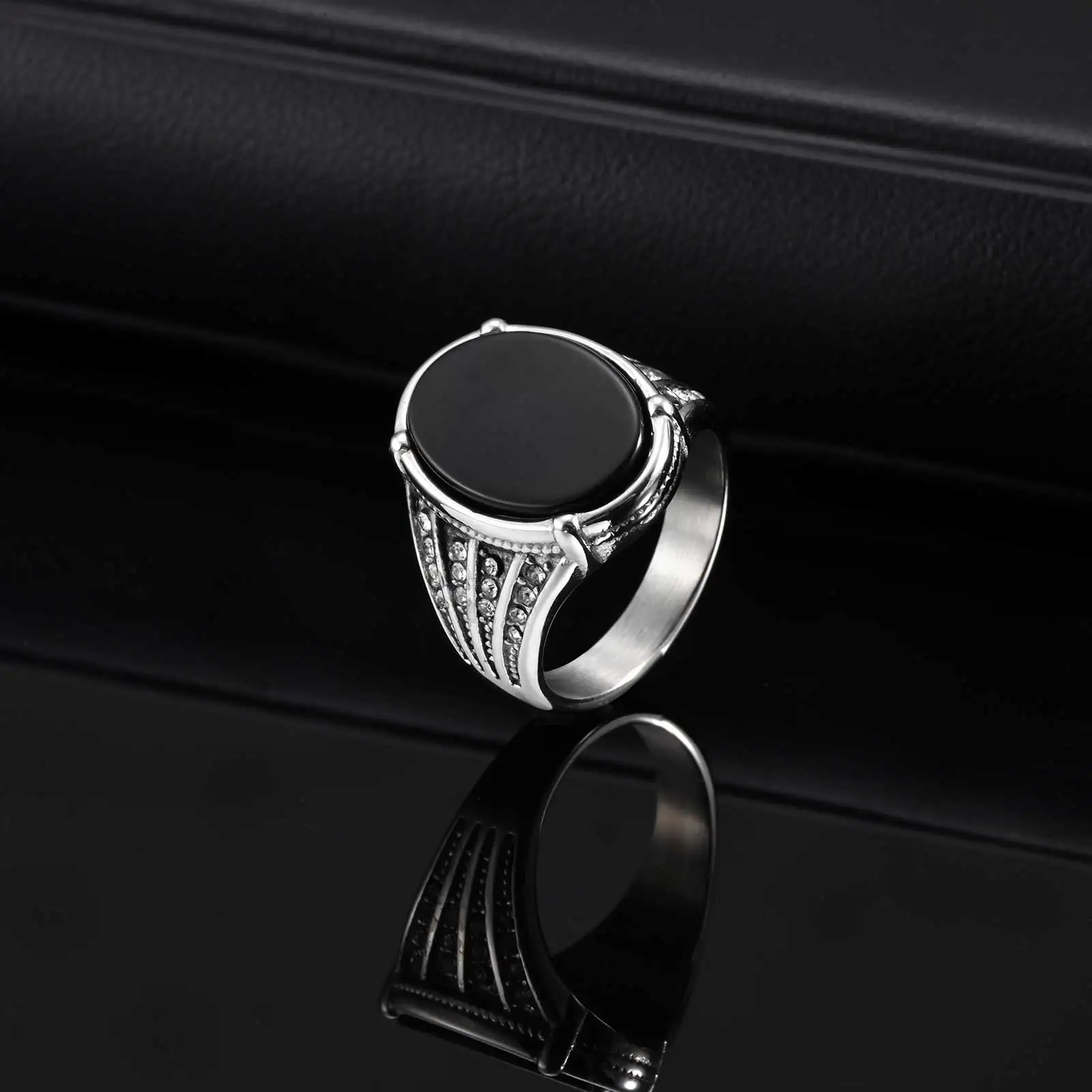 Vintage geometrische Natursteinringe für Männer, schwarzer ovaler Onyx, Edelstahlring, strukturierter Siegel, modischer Punk-Schmuck, Geschenk – Detail 7