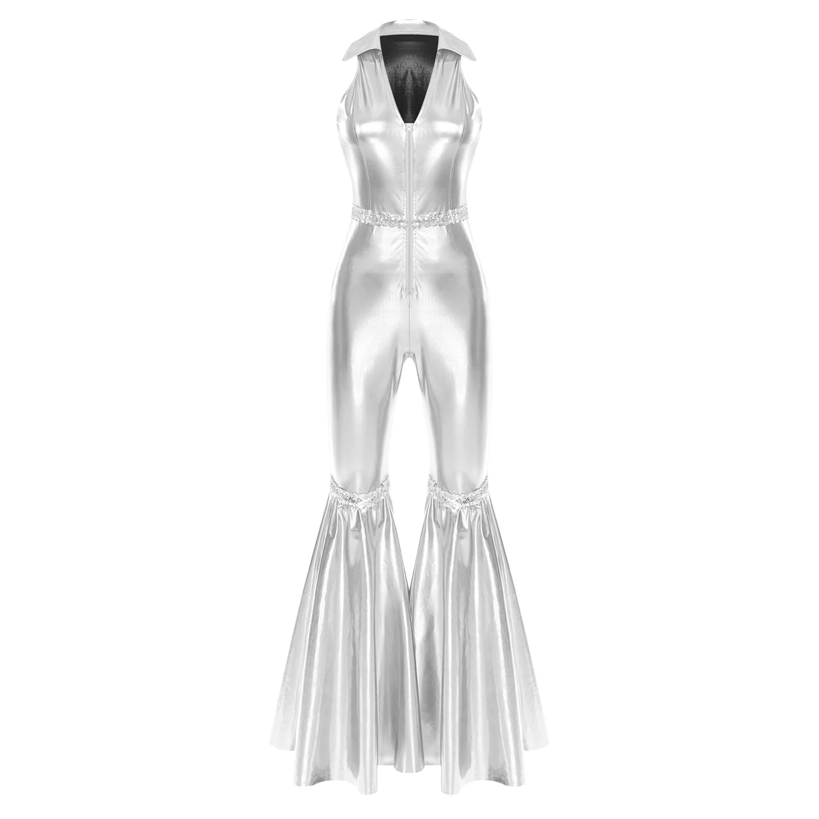 الكبار المرأة 70s ديسكو السروال القصير التلبيب الخامس الرقبة أكمام الجبهة زيبر الترتر جرس أسفل السراويل الطويلة بذلة الرجعية الجاز Dancewear