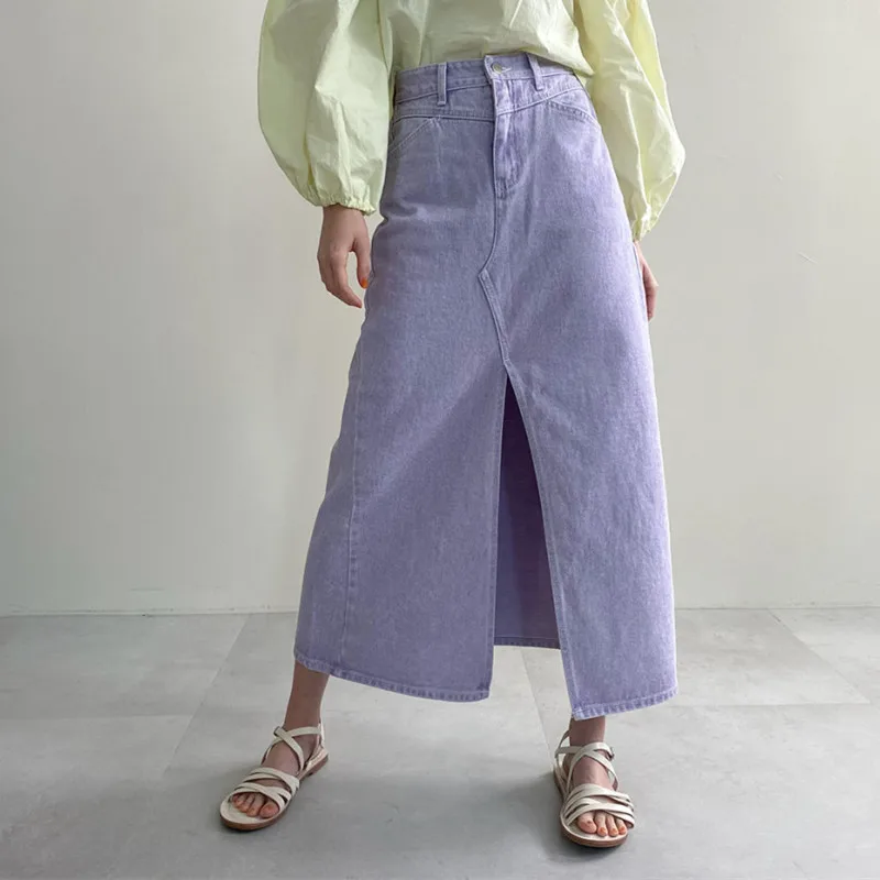 

Korean Fashion Denim Skirt Women Summer Chic Solid Color A-line Female Loose Casual High Waist Split Jean Skirts Vintage Faldas