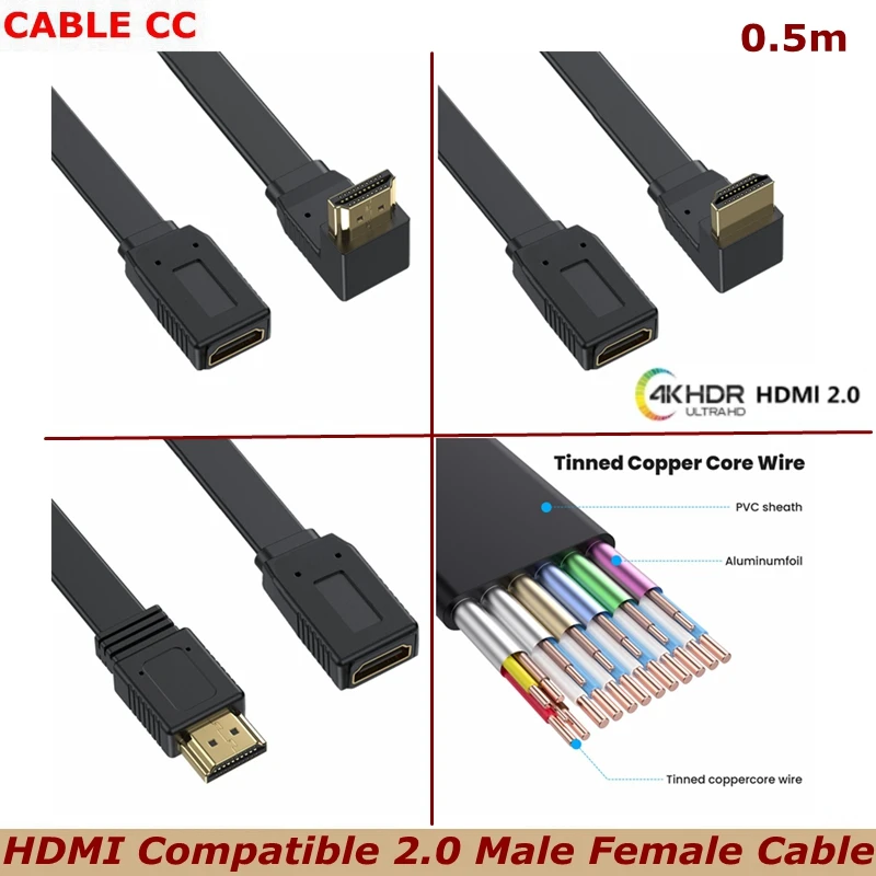 

50cm UP and Down Gold-plated HDMI - compatible With 2.0 Version 4K 60HZ All Copper 19+1 Flat male and female Extended HD Cable