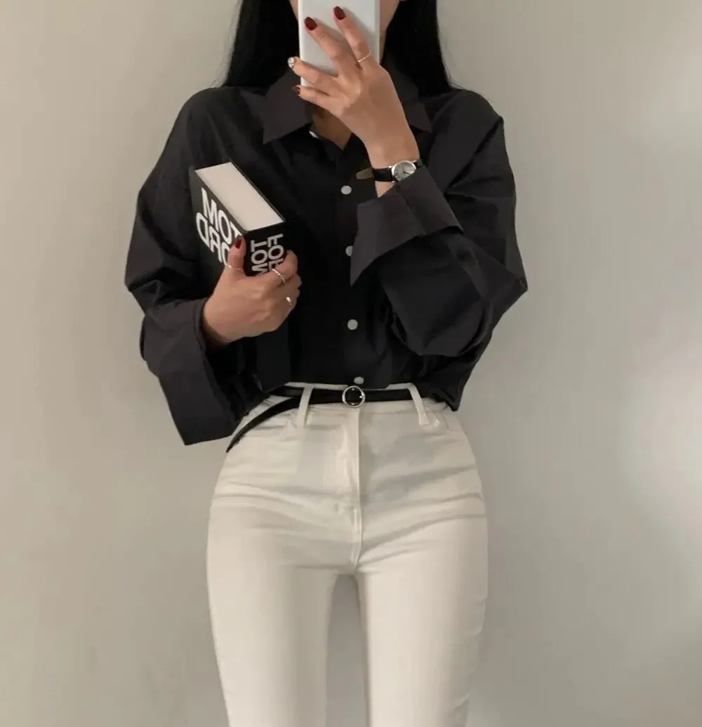 Korean Style Chic Loose Shirt Temperament Simple Tops Office Lady Professional Blouse Turn Down Collar Clothes 8306