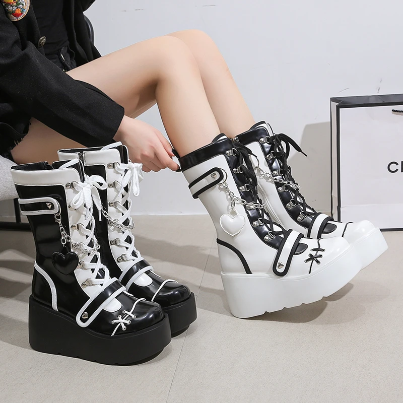 Platform Wedge Women's Boots Black and White Punk Gothic Style - true deals club