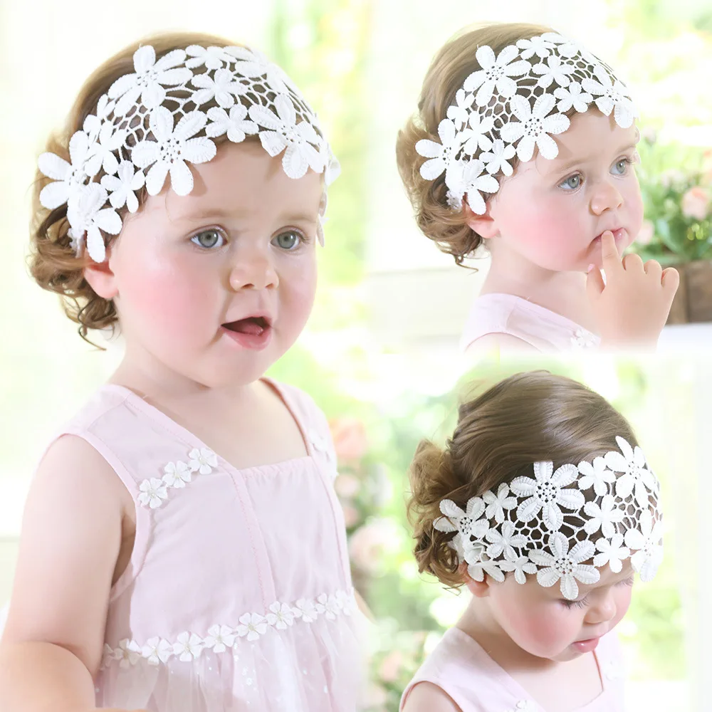 White Lace Pearl Bow Baby Girl Headbands Elastic Hair Accessories Handmade Elastic Headband for Toddler Infant Flower Headband