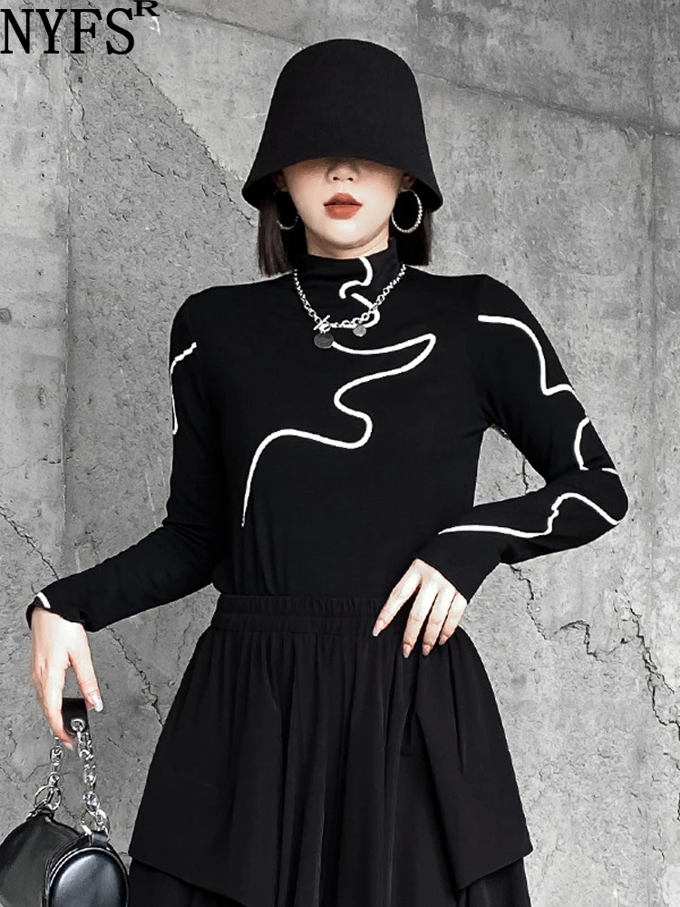 

NYFS 2023 Spring Autumn New Half Turtleneck Print Women T-shirt Long Sleeve Tops Loose Plus size Tee Blusas Camisa Mujer
