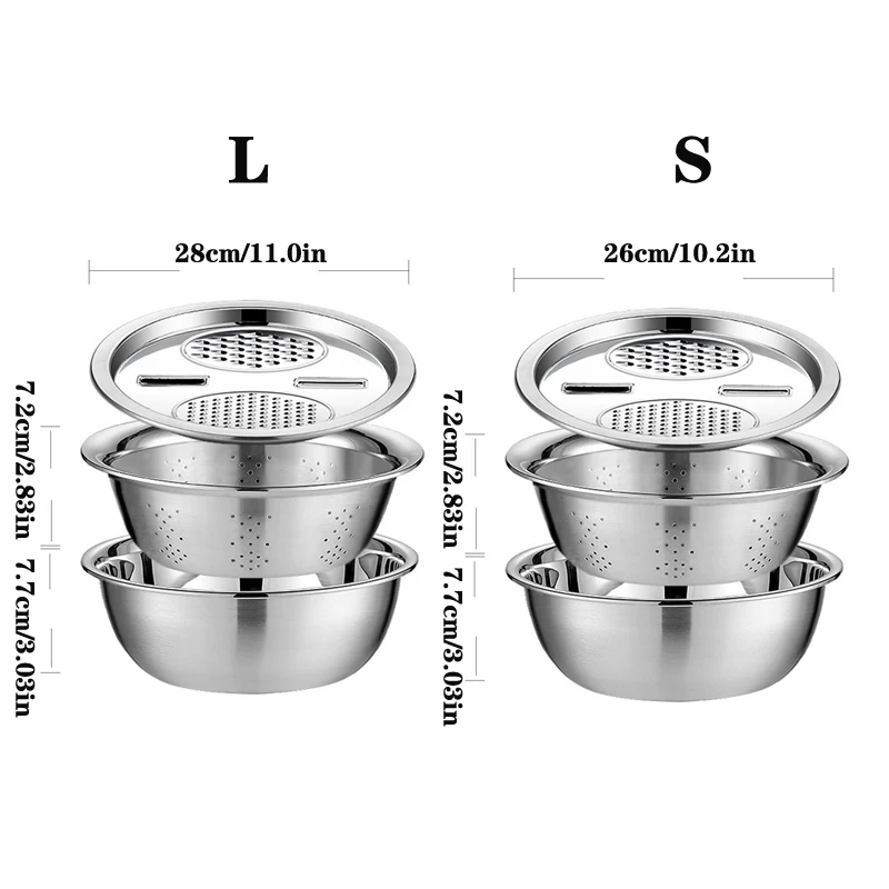 3PCS Multifunctional Stainless Steel Kitchen Graters Vegetable Slicer Vegetable Cutter Drain Basket Set Fruit Drain Basin