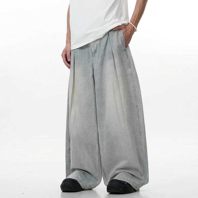 IEFB Simple Men's Denim Pants Droop Pleated Droop Washing High Street Casual Solid Color Straight Wide Leg Male Trousers 9C8878 5