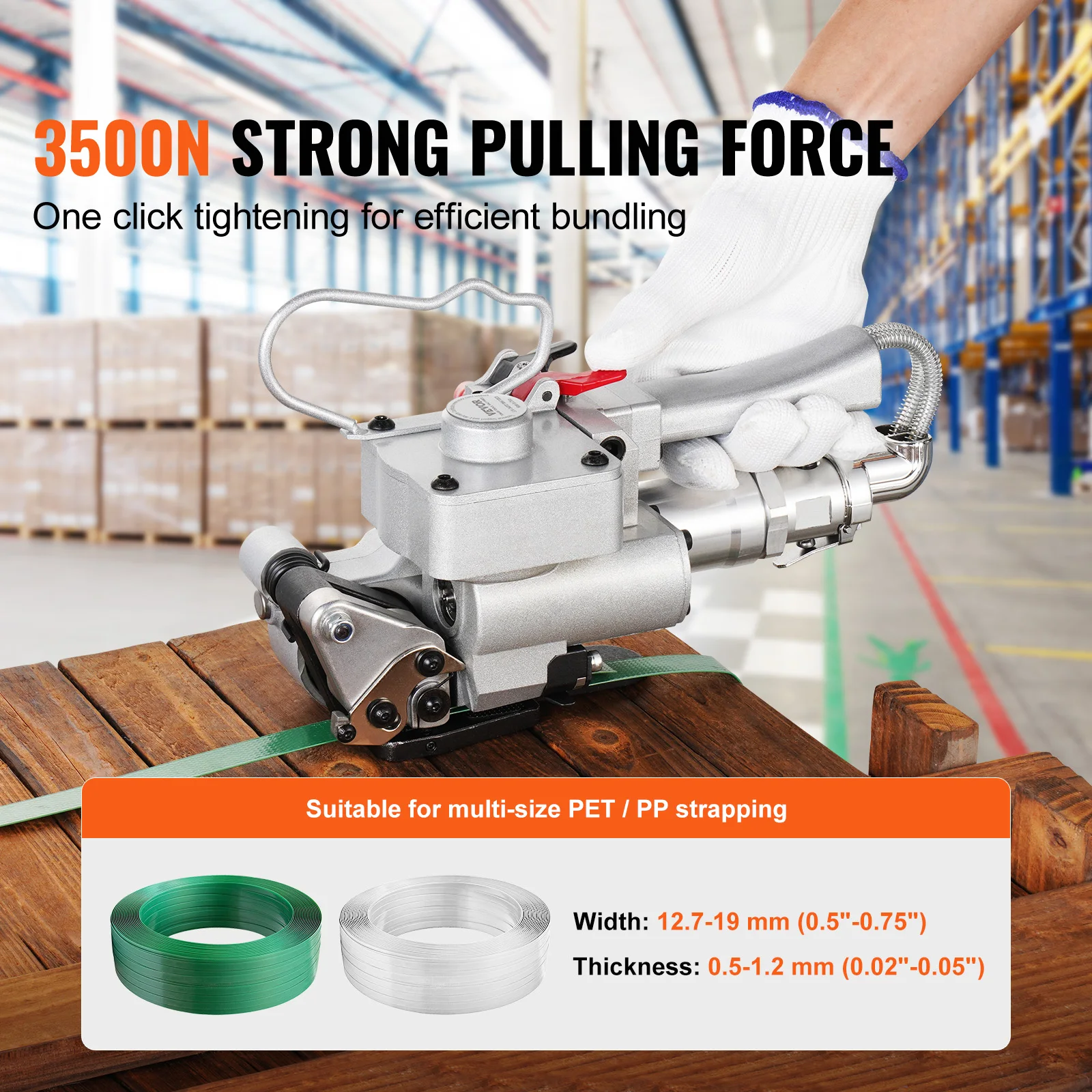 VEVOR Portable Pneumatic Strapping Tool for 1/2"-3/4" PP And PET Plastic Belt Handheld Automatic with 3500N Max Tension