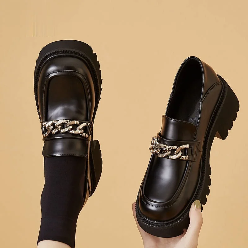 platform Loafers Women of Shoes PU Platform Shoes Round Toe Metal Chain