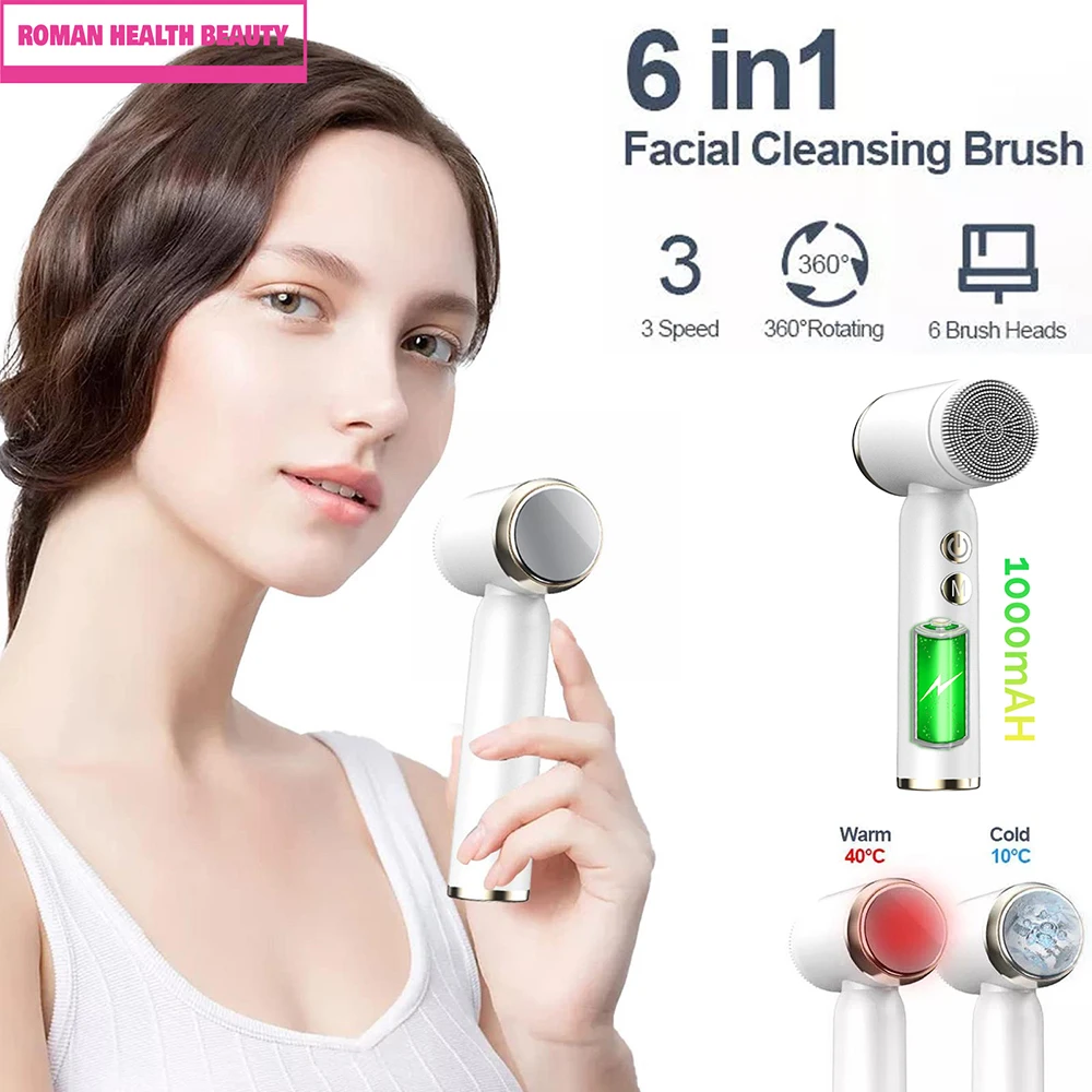 Face Cleaning Machine With 6 Heads Hot Cold Function Brush Instrument Waterproof Facial Cleanser Device Deep Skin Beauty Care