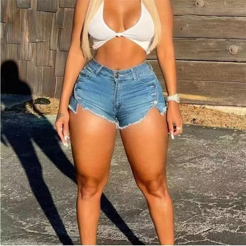 Sexy High Waist Button Splicing Tassel Denim Shorts Female Summer Casual Trend Streetwear Women's Flared Three Quarter Pants New