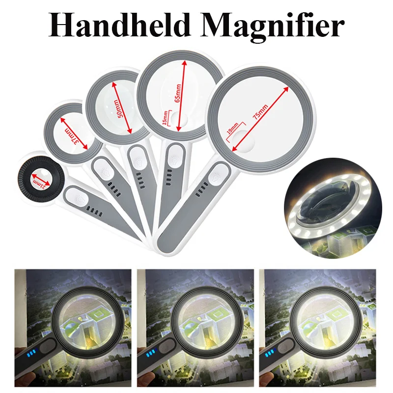 5X 6X 11X 12X 충전식 휴대용 돋보기 3가지 조명 모드 LED 조명이 있는 조명식 확대경(노인 독서용)