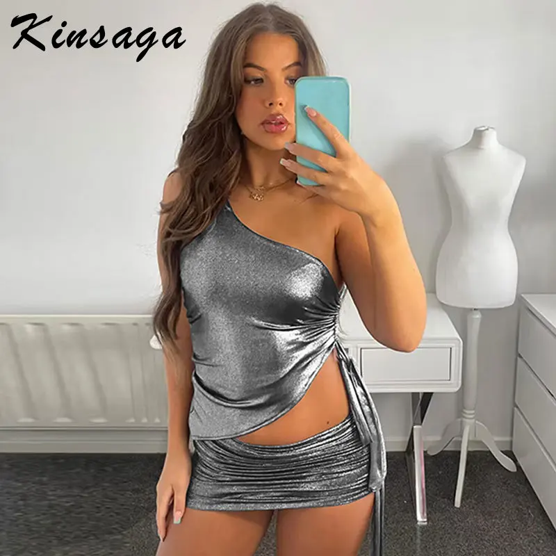 

Sexy Shiny Metallic Y2k Skirt Sets One Shoulder Ruched Lace Up Crop Top 2 Piece Set Mini Skirts Black Co Ord Set Party PU Outfit