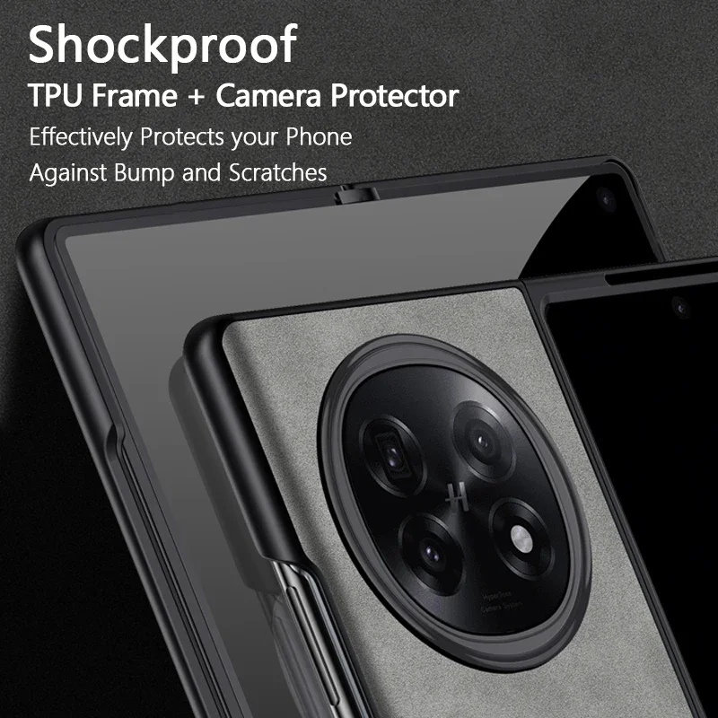 Embossed Texture PU Leather Matte Back Case with Anti-Fingerprint Camera Protector & Folding Shell