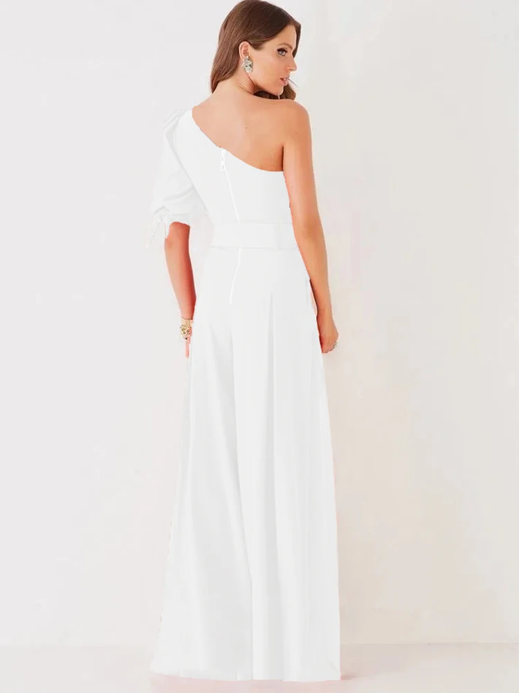 Customized High Quality Autumn Casual Jumpsuit One Shoulder Slash Neck Romper Full Length Jumpsuit Wide Legs With Belt