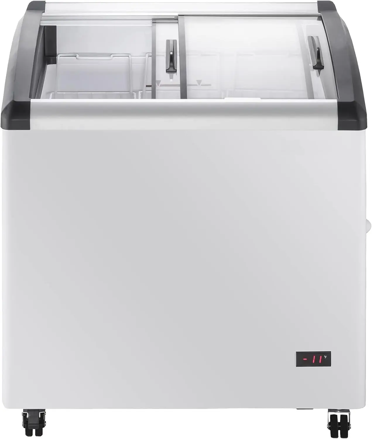 Commercial Mobile Ice Cream Display Chest Freezer Sub Zero Temp Curved Glass Top Frost Free Lid With 3 Wire Baskets 31.5 Inch