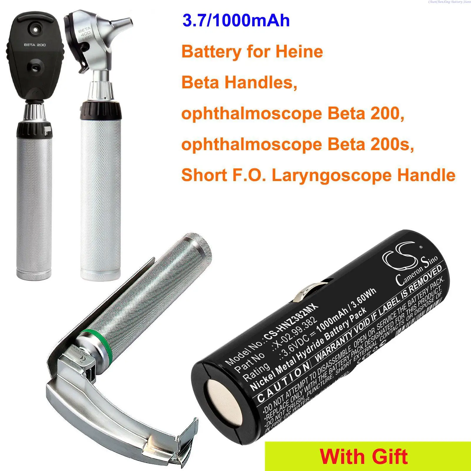 

Cameron Sino 1000mAh Battery for Heine Beta Handles, ophthalmoscope Beta 200, Beta 200s, Short F.O. Laryngoscope Handle