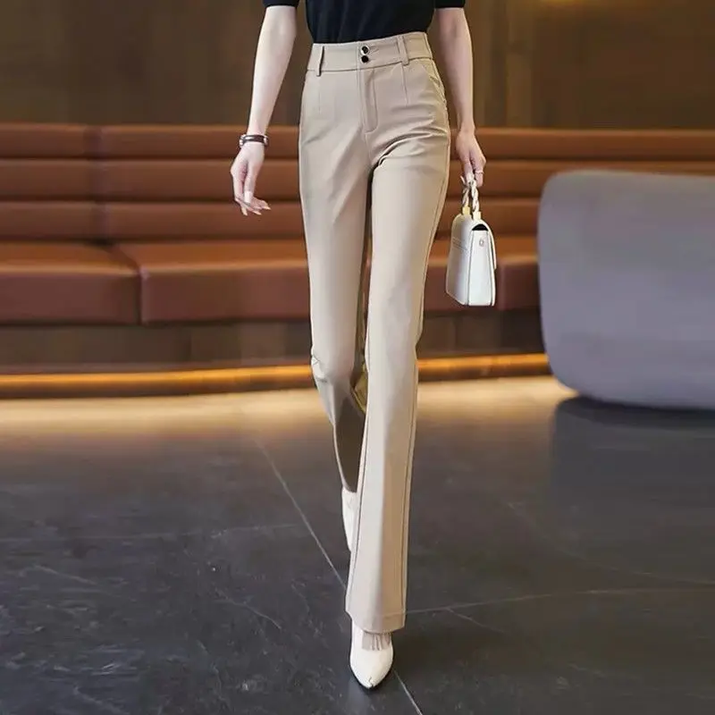 

2024 Spring and Autumn New Women's Solid Color High Waist Button Pockets Fashion Elastic Thin Straight Bootcut Casual Suit Pants