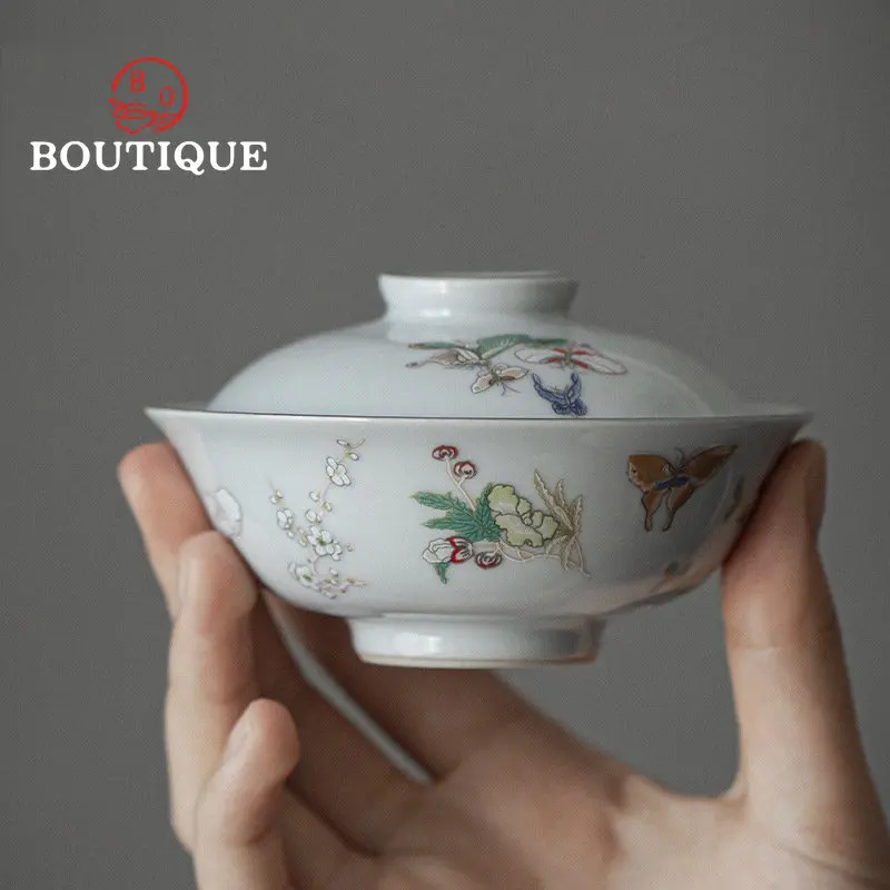 Retro Moon Butterfly Ceramic Tea Tureen Boutique Japanese High-footed Tea Bowl Maker Cover Bowl Household Kung Fu Set