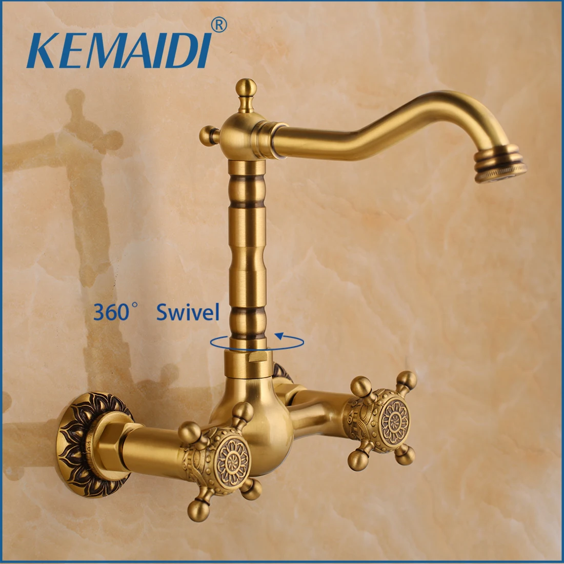 

KEMAIDI Antique Brass Bathroom Basin Faucet 360 Swivel Spout Wall Mounted Faucets Dual Handle Bathtub Mixer Tap for Sink