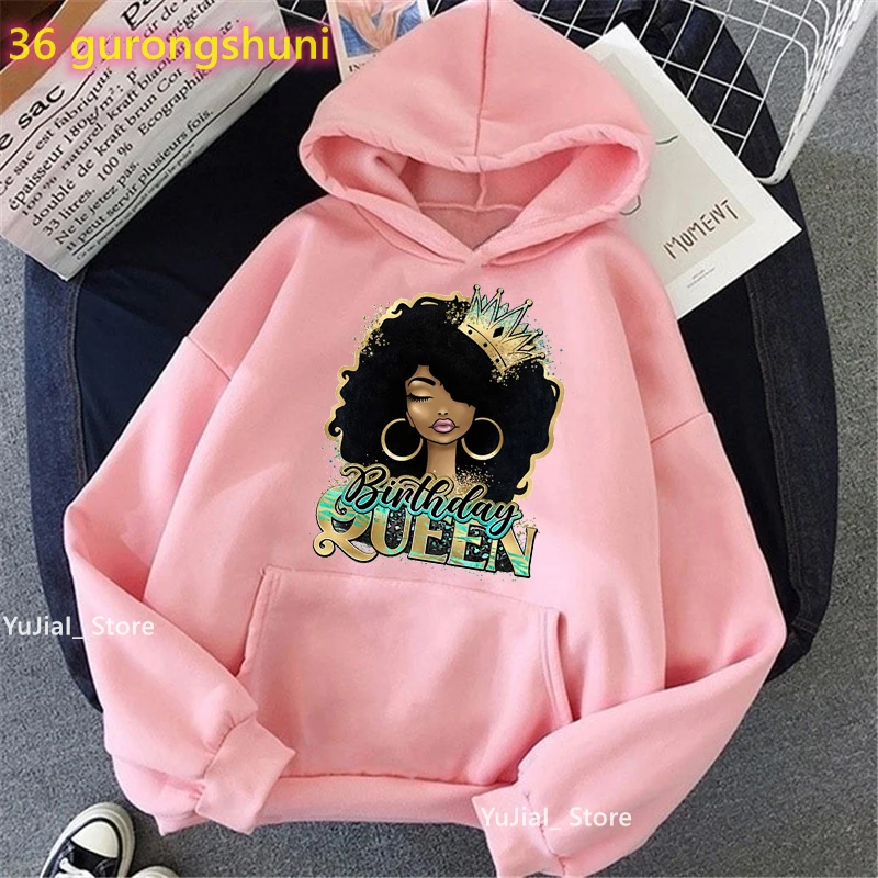 

Watercolor Birthday Queen Graphic Print Cap Hoodies Women Winter/Spring/Autumn Clothes Black Girls Magic Sweatshirt Femme Coat