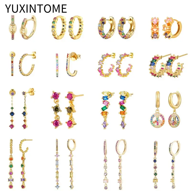 

925 Sterling Silver Needle Colorful Crystal Stud Earrings for Women Luxury Long Chain Geometry Pendant Earrings Fashion Jewelry