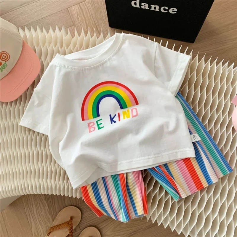 Girls T-shirt Sets Summer Children Clothing Suits Kids Rainbow Print Short Sleeve Outfits Teen Thin Tops+Pants 2Pcs 2-8 Years - 2