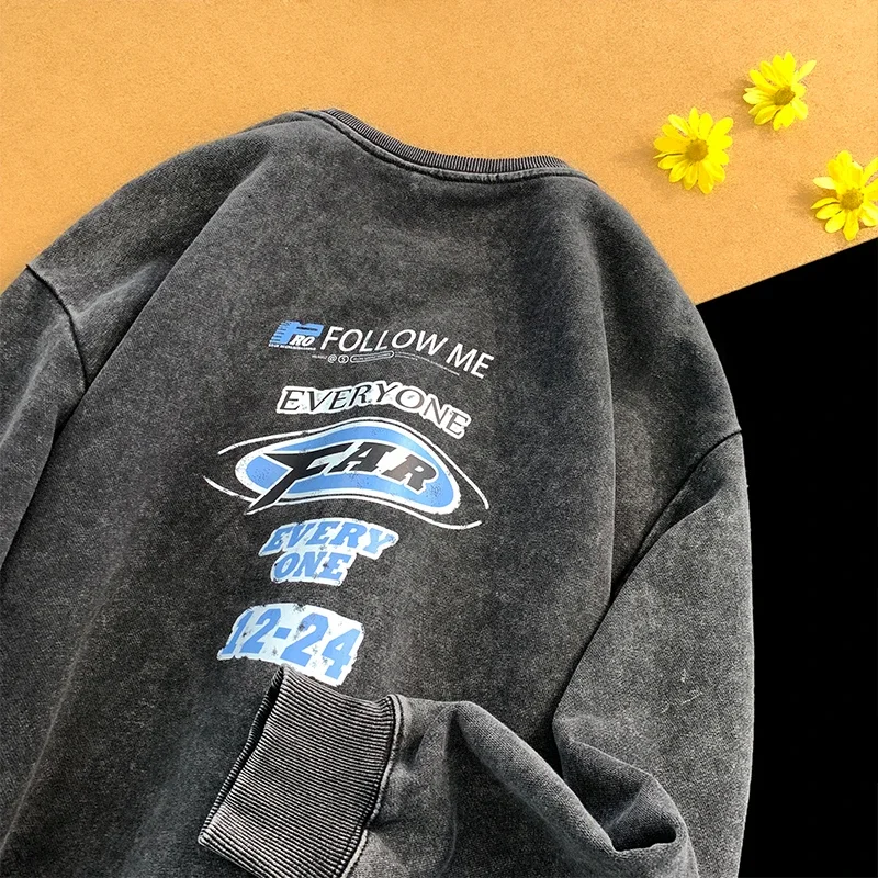 2024 Spring Retro Washed Old Sweatshirts For Men Hip-hop Graphic Printed Round Neck Tops Y2k Unisex Sweatshirt