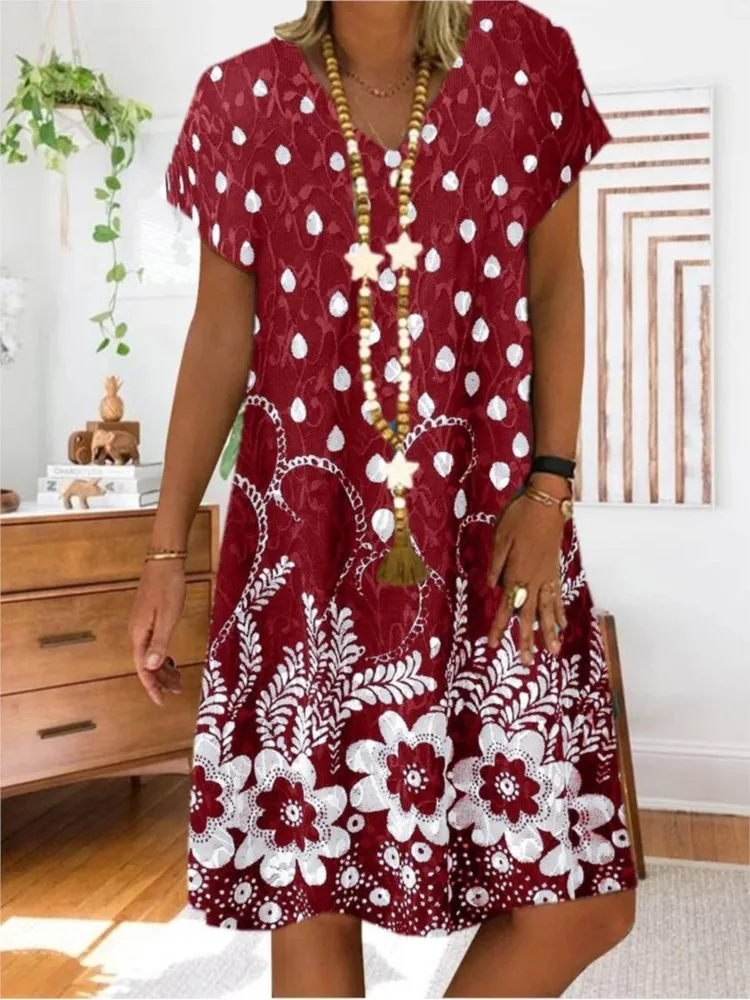 

Print V Neck Short Sleeve Dress Women Fashion Summer Elegnat Casual Loose Dresses For Woman Robe Femme New Office Holiday Dress