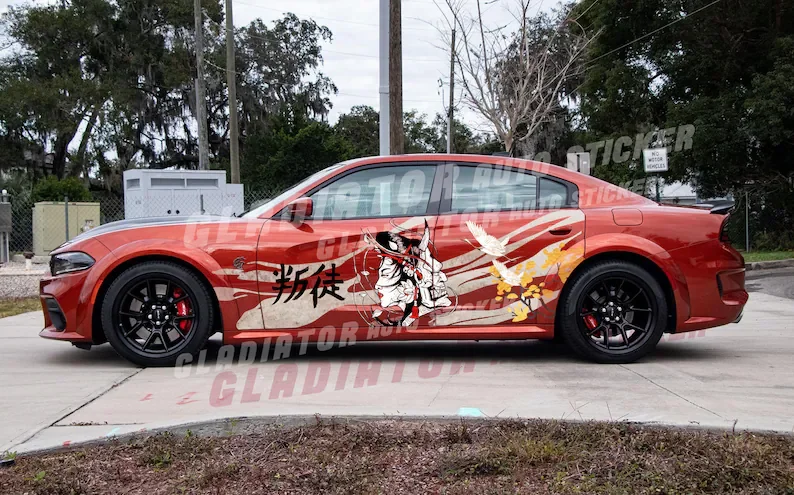 

Anime Vehicle Livery, Japanese Theme Side Car Wrap, Man and woman 2 faces - Text ''Traitor'' - Universal Size Premium