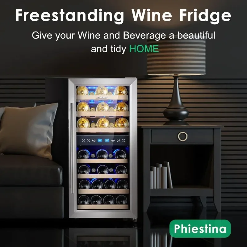 Phiestina Wine Cooler Refrigerator 16 inch Wine Refrigerator 33 Bottles Dual Zones Mini Fridge Auto Defrost Temperature