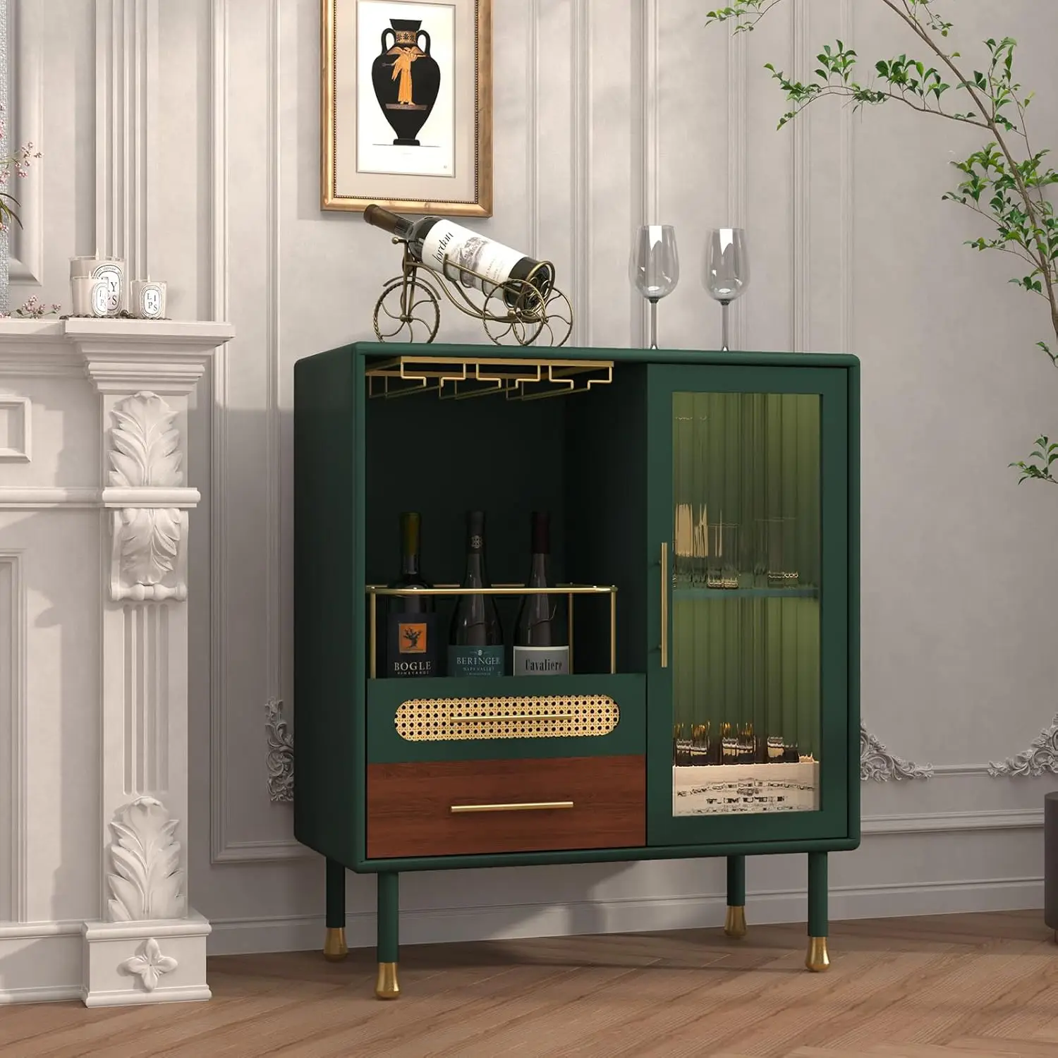 Modern Coffee Bar Cabinet with Wine Glass Rack and Drawers, Green Liquor Cabinet with Pull-Out Wine Storage