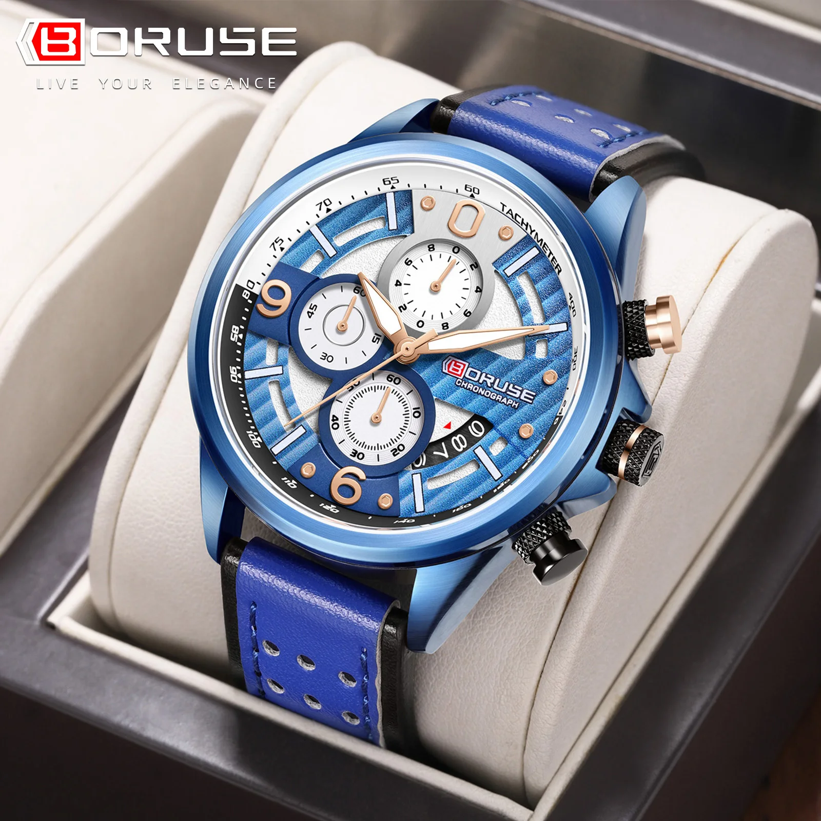 BORUSE Fashion Mens Watches Brand Luxury Business Quartz Watch Man Premium Leather Watch Men Waterproof Sport Chronograph Clock