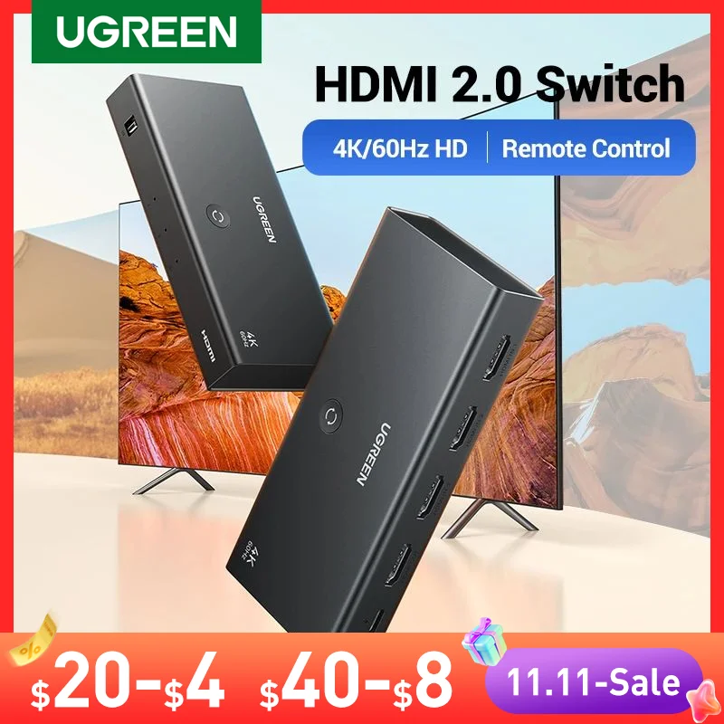 Ugreen Hdmi Switch 3 In 1 Out 4K Uhd Hdmi Switcher Splitter,Hdmi 2.0 4K 60Hz 3D Per Ps5 Ps4 Xbox Fire Stick Roku Apple Tv Pc
