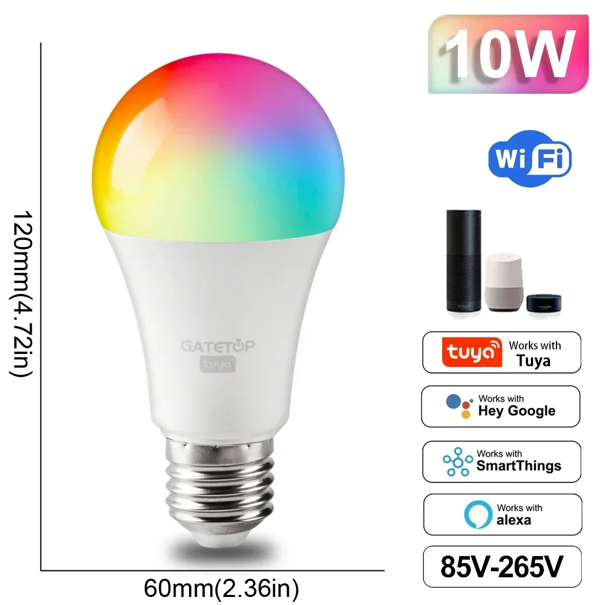 Bombilla inteligente Tuya Wifi/Bluetooth,Led Alexa RGB，A60 E27 Bulb ,para Google Assisatnt Smart Life Light Dimmable AC85V-265V