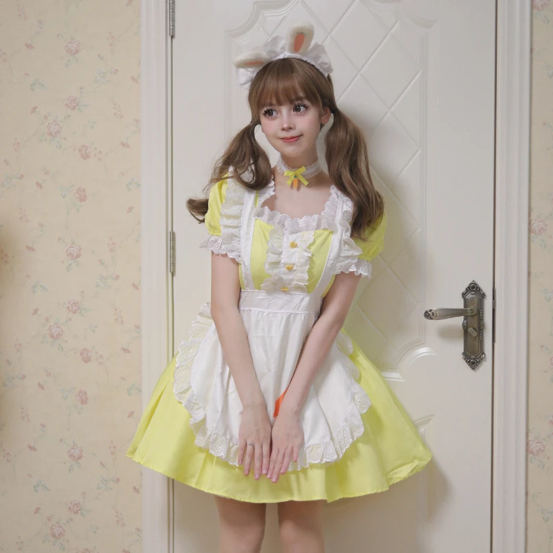 New Cosplay Yellow Color Maid Dress with Apron Coffee Servant Dress Up Square Neck Anime Lolita Cosplay Costume Women Uniform