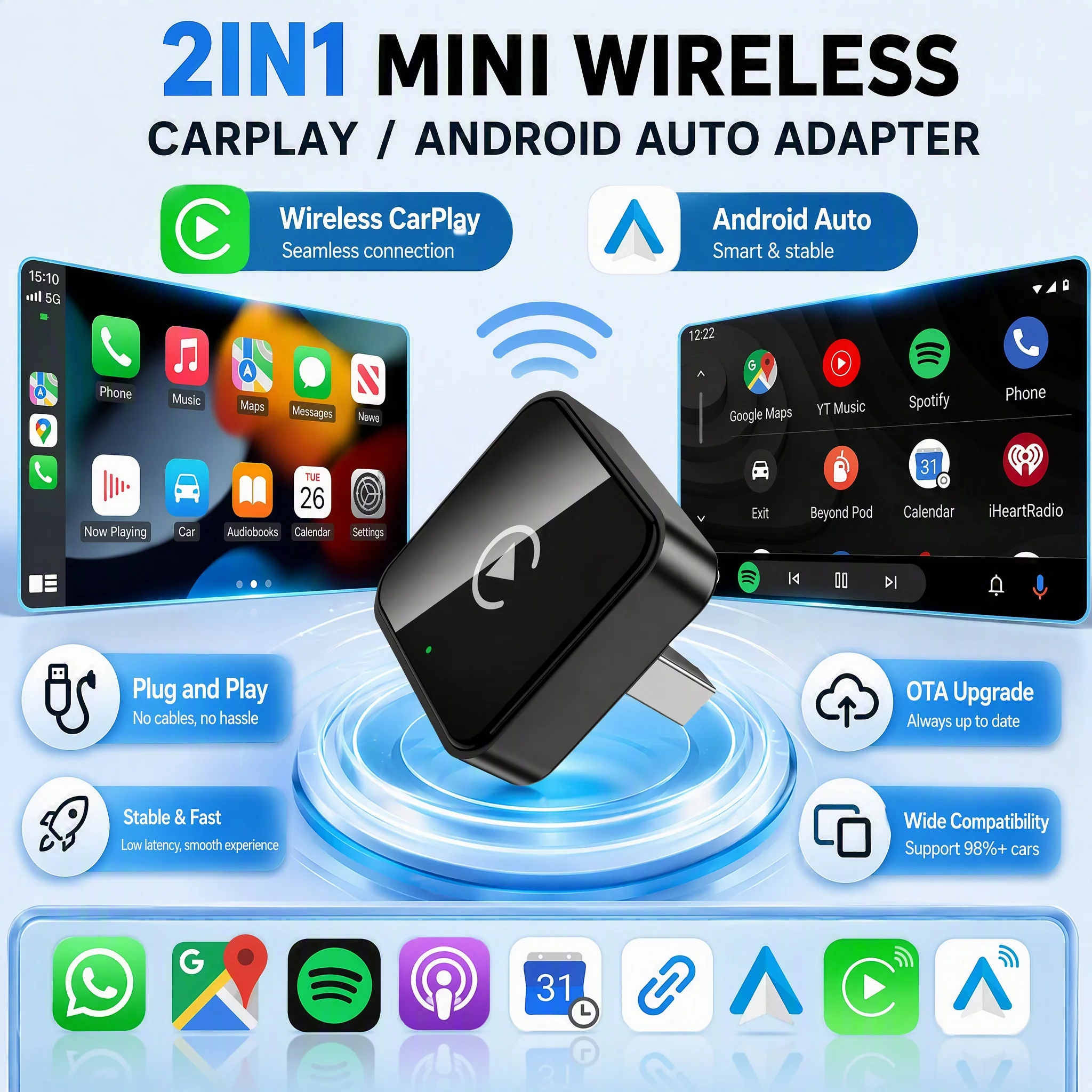 2in1 Wired to Wireless CarPlay Android Auto Adapter for OEM Car Stereo With USB BT Plug and Play Smart Box OTA Upgrade For Benz