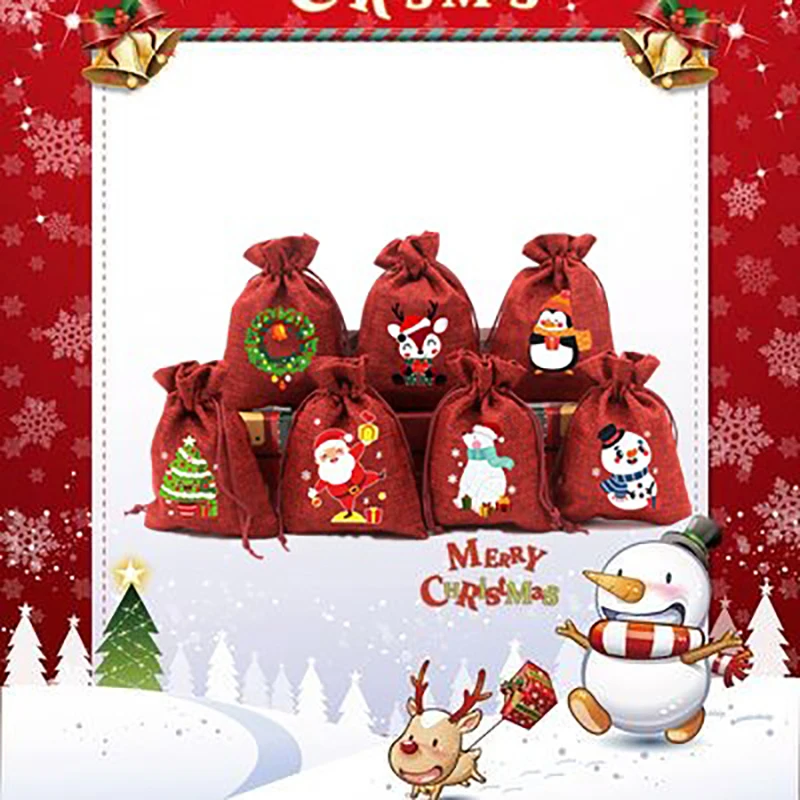 

Merry Christmas Wine Red Linen Cloth Candy Bag With Drawstring Gift Packaging Pouch Christmas Decoration New Year Favor Supplies
