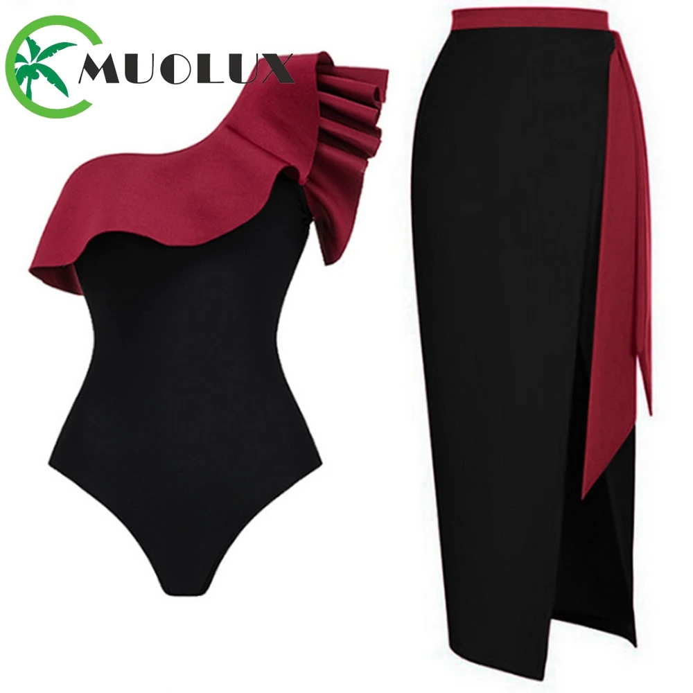 

MUOLUX 2023 New Sexy One Shoulder Bikini Set Ruffle Swimwear Women One Piece Swimsuit Skirt Brazilian Biquini BathingSuit Dress