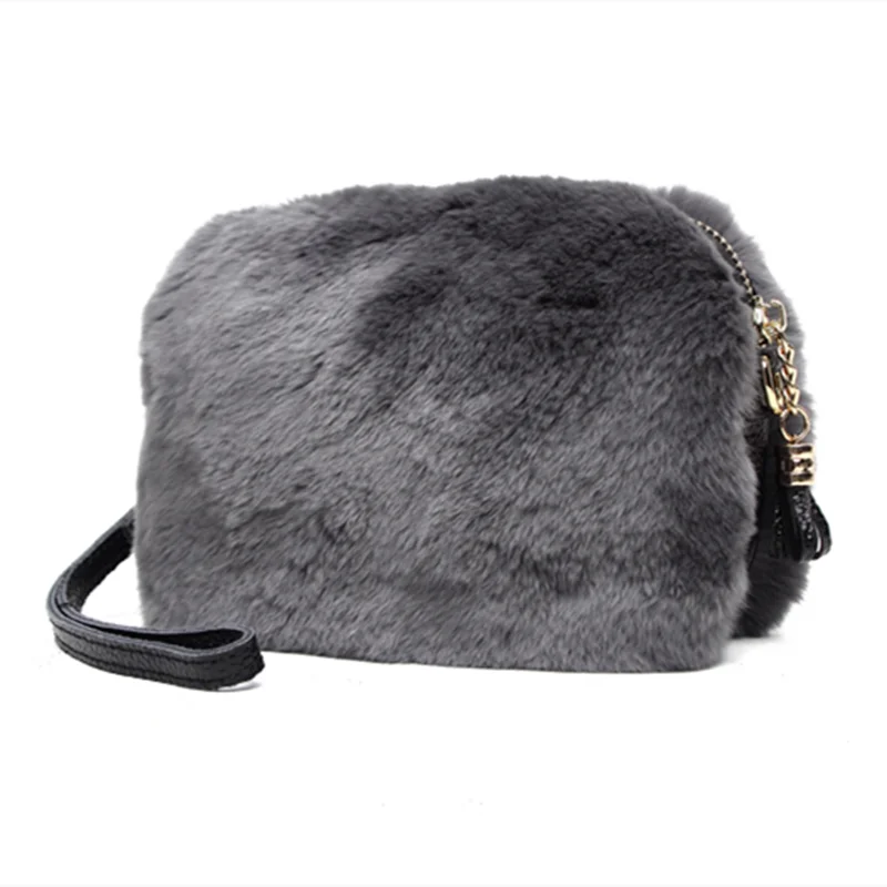 Mini Design Women's Fur Bag Luxury Rex Rabbit Fur Solid Color Coin Purse High Quality Chain Embellished Skew Bag