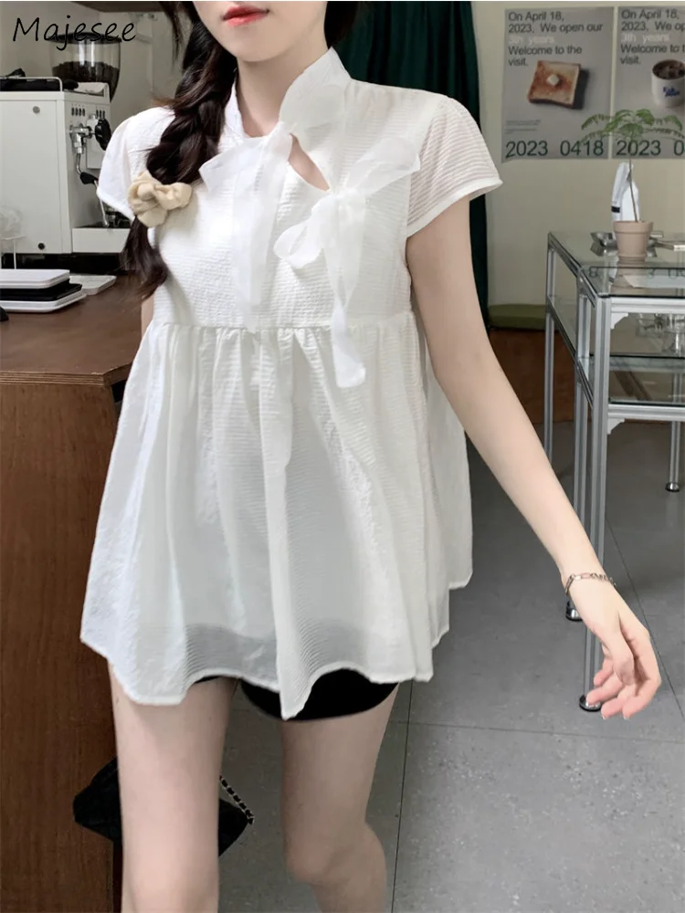 

Blouses Women Summer Fairycore Irregular Mandarin Collar Chic Designed Sweet Vintage Chinese Style Loose Literary Lace-up Mujer