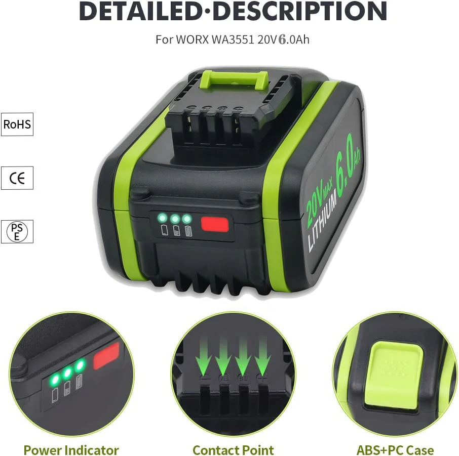 Bateria de Substituição Wa3553 Wa3551 para Ferramentas Elétricas de Bateria Worx 20v Wa3551 Wa3572 Wa3553 Wx390 Wa3551 Wx176 Wx178 Wu268 Wx16 6.4 - Image 4
