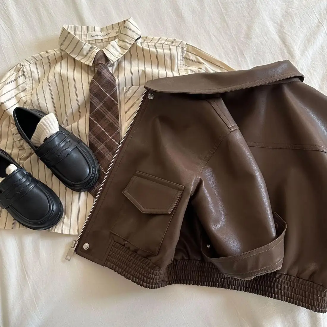 Brown PU Leather Toddler Jacket - Zipper Coat with Lapel Collar for 2-10Y