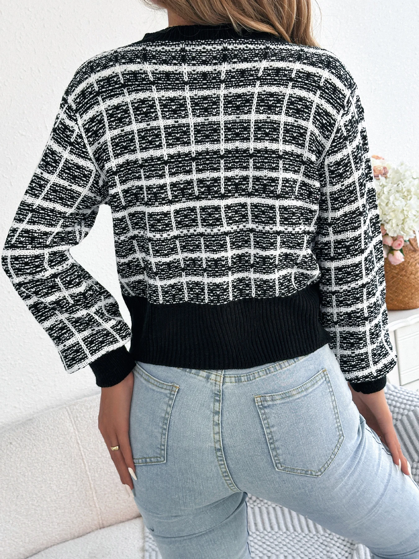 Women Plaid Knitted Cardigan Sweater Autumn Winter