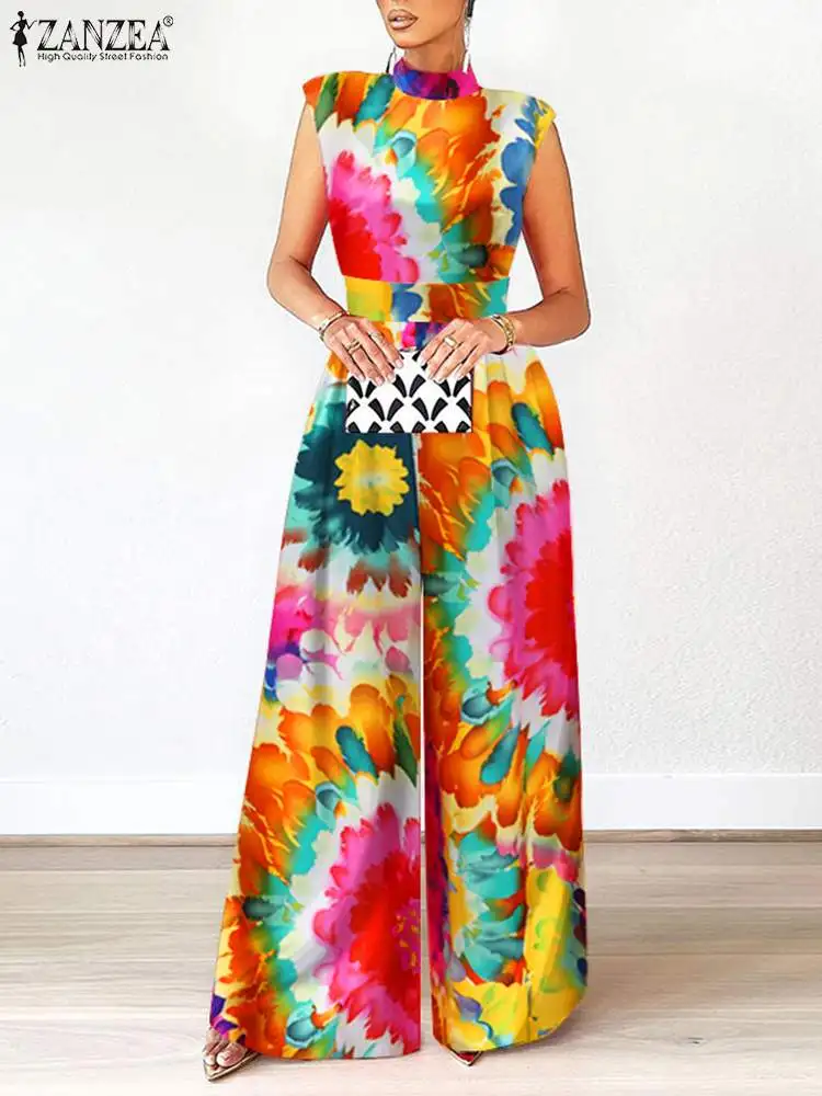 ZAMZEA Elegant Turtleneck Sleeveless Long Romper Fashion Women Floral Print Jumpsuit Summer Party Wide Leg Cinched Waist Overall