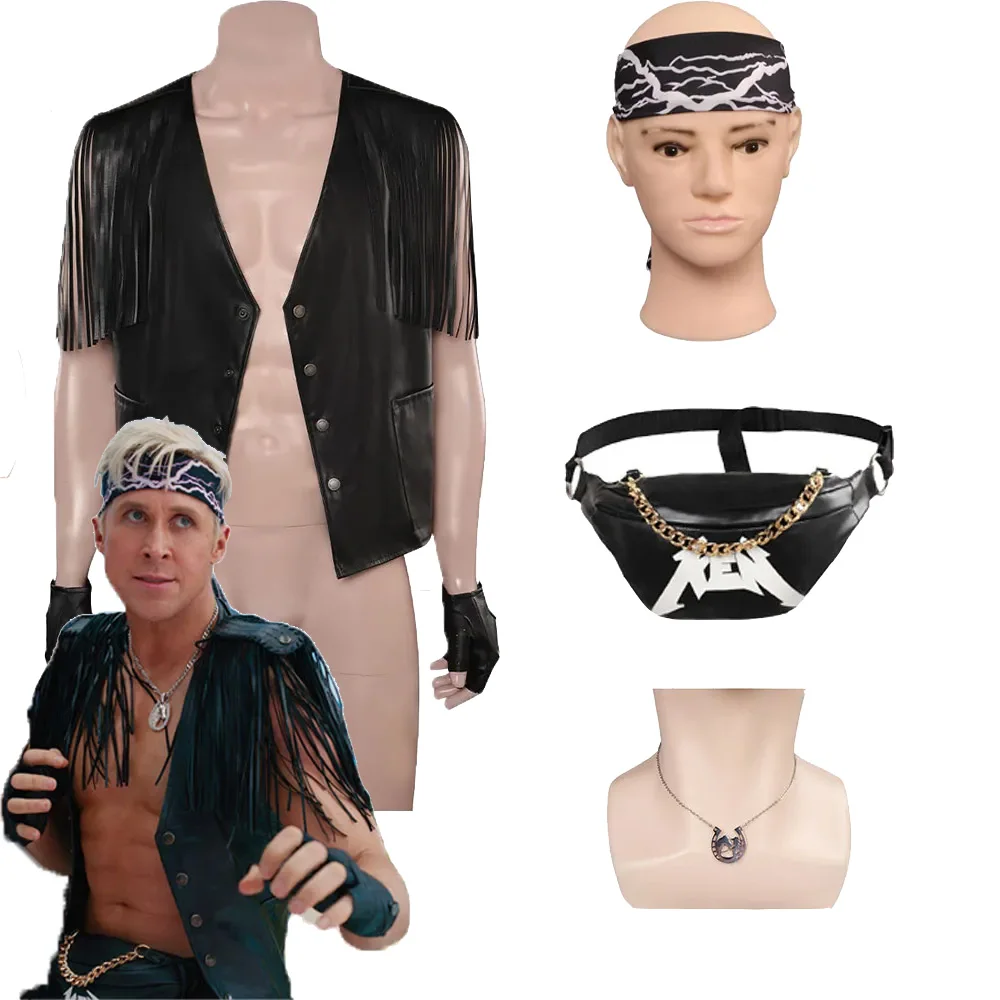 Ken disfraz de Cosplay para hombres adultos, chaqueta negra, chaleco, diadema, bolsa, collar, ropa de película, fiesta de Carnaval de Halloween, traje de fantasía