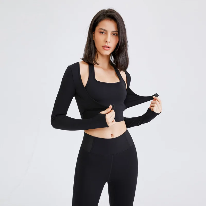 Sexy Long Sleeve Sport T-shirt sports t shirt sports shirt Women 2 In 1 Crop Top Fitness Workout Yoga Jersey Gym Cropped Shirts