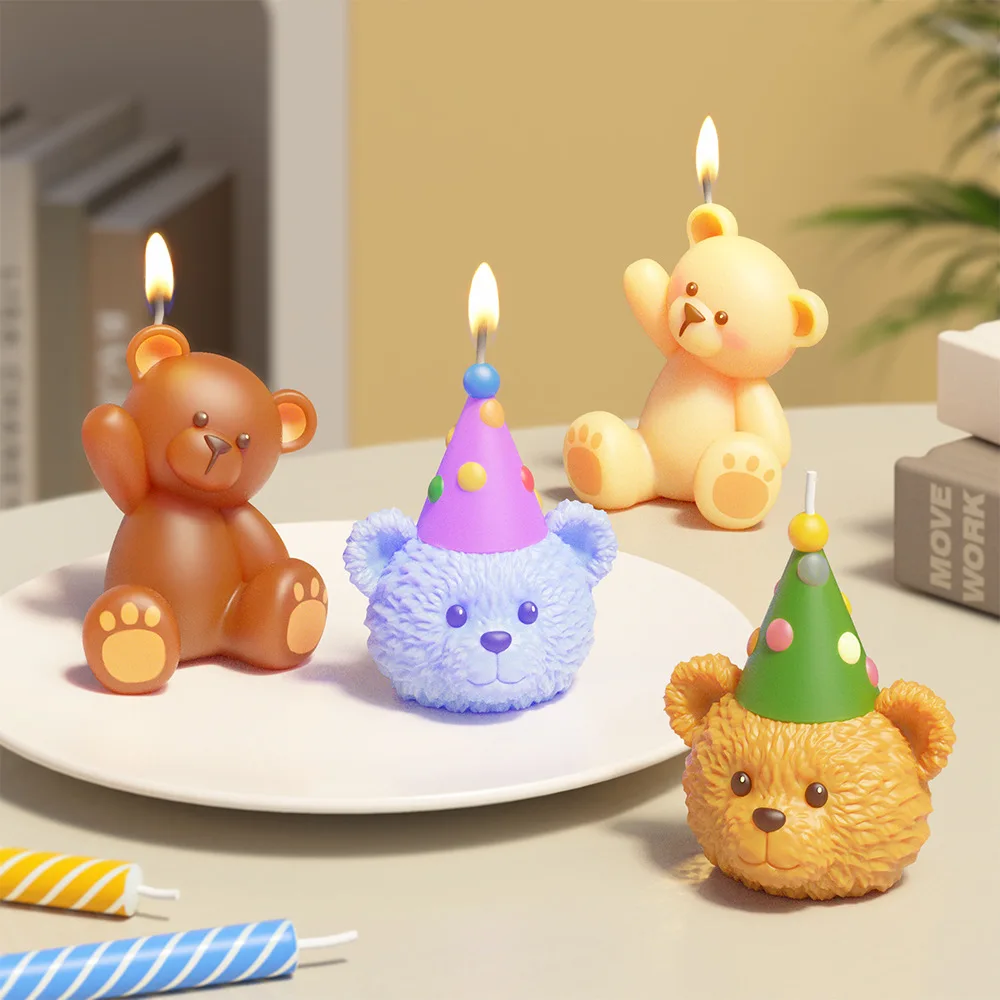 Silicone Candle Mold Cartoon Teddy Bear 3D Taper Hat for Party Scented Decor Gifts