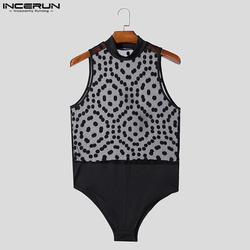 Men bodysuits Men jumpsuits Men lingerie INCERUN Fashion Men Homewear Polka Dot Mesh See Through Bodysuit Sexy Semi High Neck Sleeveless Triangle Thin Jumpsuit S-3XL