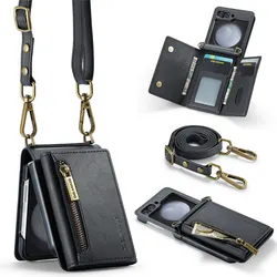 Vintage Lanyard Leather Wallet Case with Credit Card Slots - Galaxy Z Flip 4 (Black)