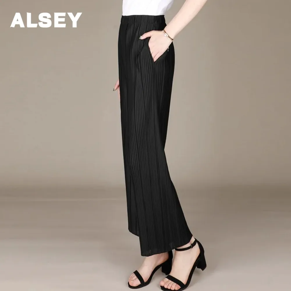 

ALSEY Miyake Casual Straight Pants for Women Spring Summer New Pleated Fashion Loose Slimming Wide Leg Pants Plus Size Trousers